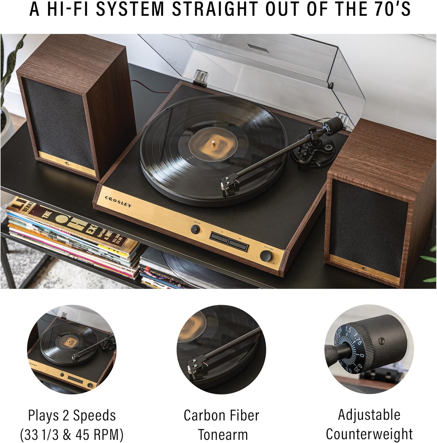 Crosley C72 2-Speed Belt-Drive Bluetooth Turntable Record Player with 80W Speakers and Carbon Fiber Tonearm, Walnut