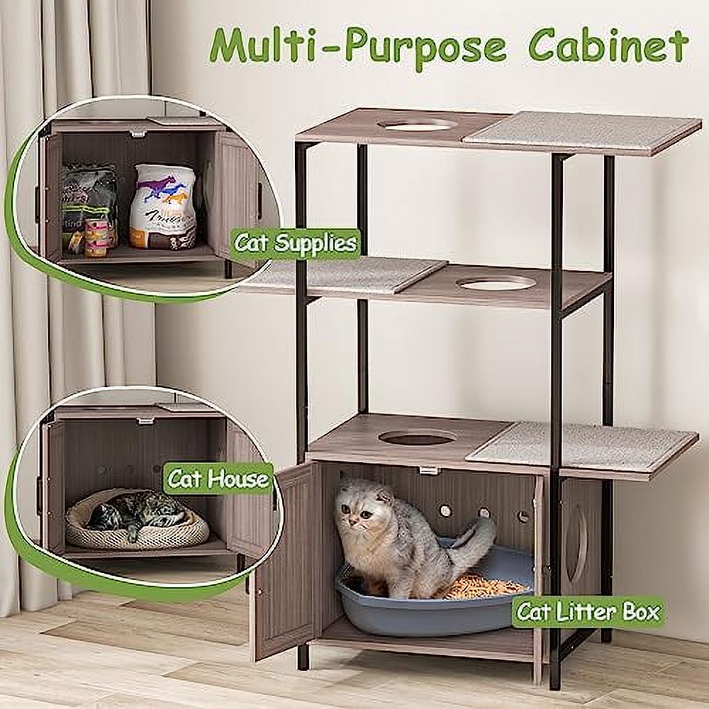 TOLEAD Cat Tree with Litter Box Enclosure, Modern Cat Litter Box Furniture Hidden with Cabinet for Large Cats, Metal Frame 3-Tier Cat Tower, 3 Removable Washable Cushions…