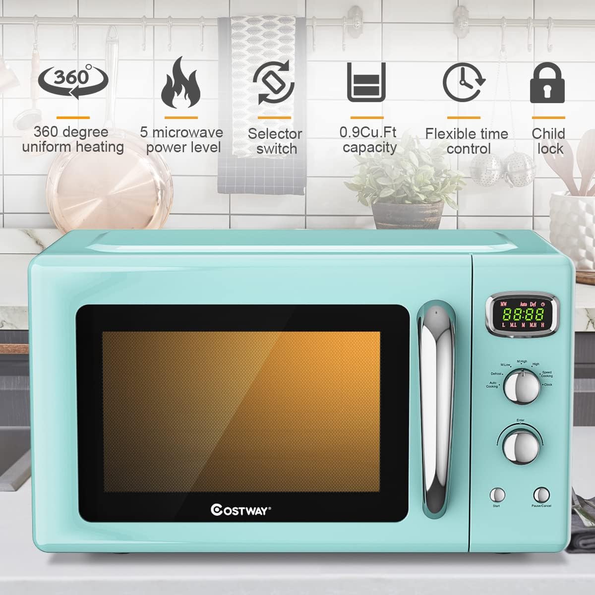 Retro Microwave Oven, SIMOE Compact Countertop Microwave 0.9 cu.ft. 900 W, Defrost & Auto Cooking Function, LED Display, Child Lock and Glass Turntable, ETL Certification