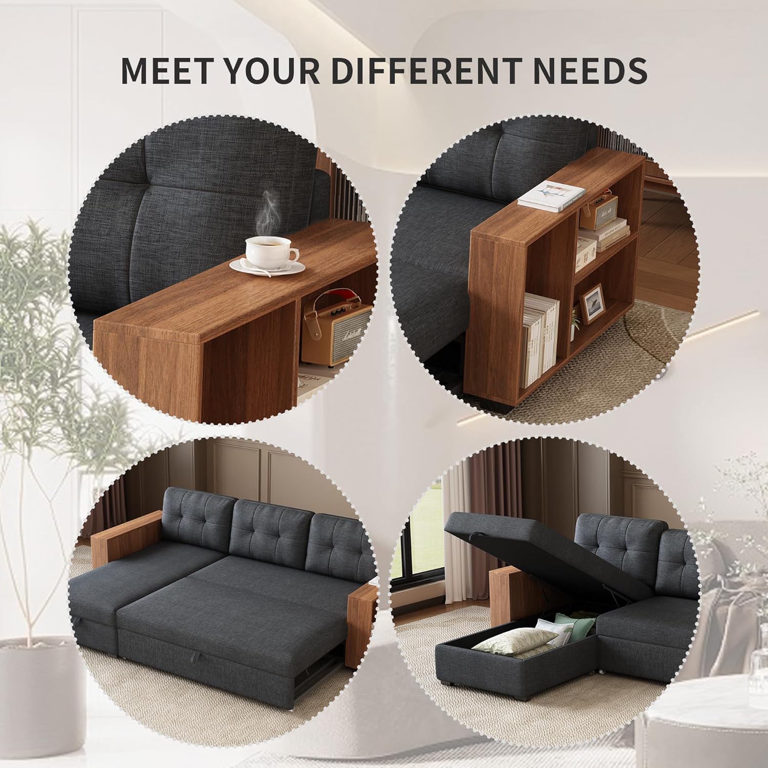 84" Pull Out Sectional Couch with Storage Chaise,L-Shape Upholstered Reversible Sofa Bed W/Hidden Wood Shelf Armrests,Linen Corner Sleeper for LivingRoom Office Apartment,Dark Grey