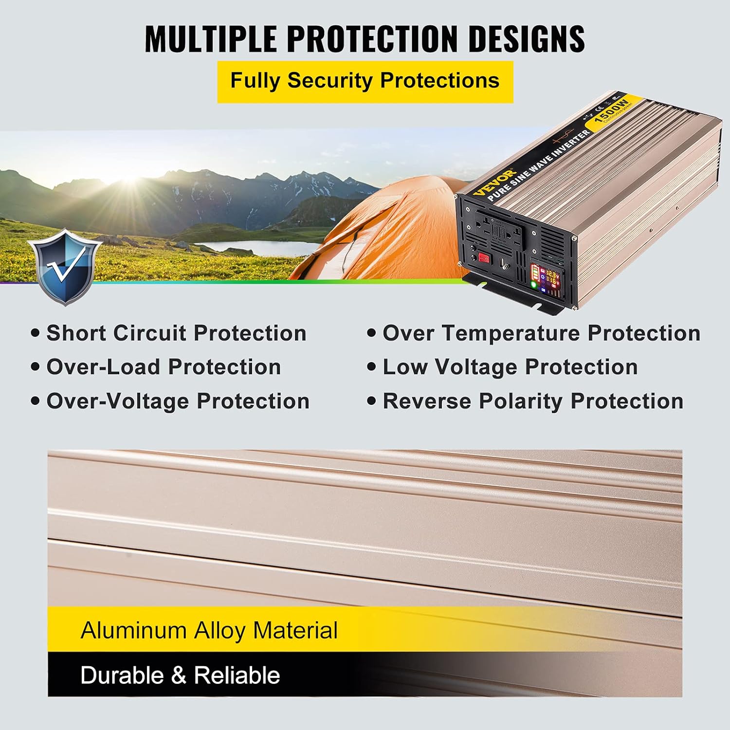 VEVOR Pure Sine Wave Inverter, 1500 Watt Power Inverter, DC 12V to AC 110V Car Inverter, with LCD Display, 5V USB Port, AC Outlets (GFCI) Power Converter, for Car, RV Truck,Solar System,Travel Camping