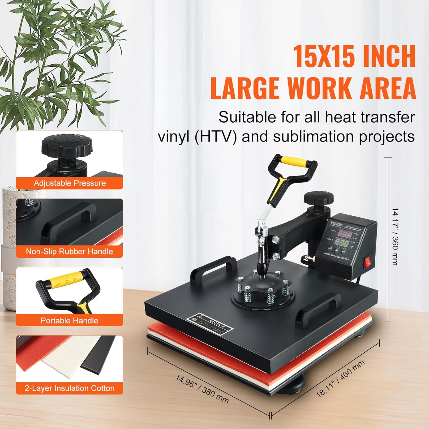 VEVOR 15x15 Heat Press Machine with Hat Press, 360° Swing Away Digital Tshirt Press Machine, Clamshell Heat Transfer Sublimation for Printing T-Shirt Hat Cap Pillow Bag