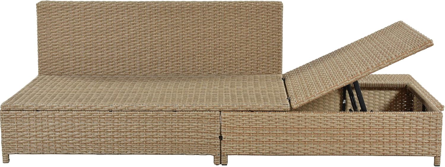 3-Piece Patio Furniture, Weather PE Rattan Wicker Sectional Sofa Set with Adjustable Chaise Lounge Frame and Tempered Glass Table, Washable Pillow&Cushion, Natural