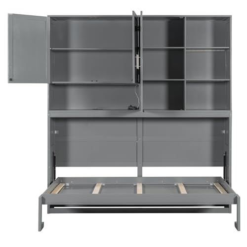 SOFTSEA Twin Murphy Bed with Storage Bookcase and Shelves, Horizontal Wall Bed with LED Light & Charging Stations, Space-Saving for Living Room, Guest Room, Bedroom, Office, Grey