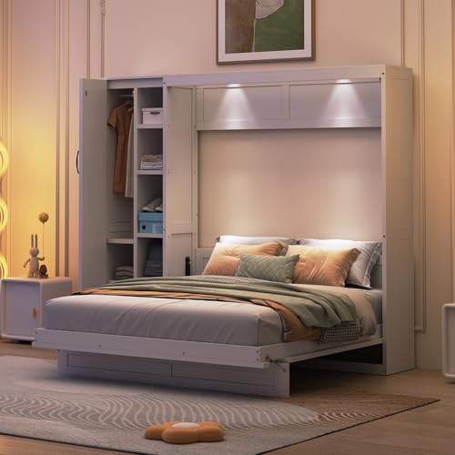 Harper & Bright Designs Queen Size Murphy Bed Wall Bed with Storage Shelves, Wardrobe and LED Lights, Space-Saving for Multipurpose Guest Room or Home Office, Gray