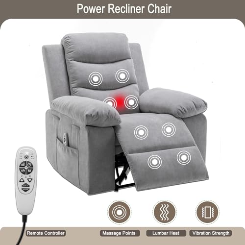 Electric Power Recliner Chair with Lumbar Heating and 8-Point Vibration Massage Function, Remote Control, Fabric Velvet Single Sofa Chiar with Footrest for Adult Living Room (Dark Gray)