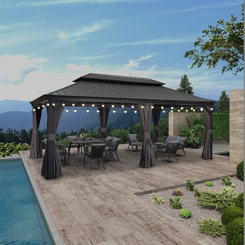 PURPLE LEAF 10' X 14' Permanent Hardtop Gazebo Aluminum Gazebo with Galvanized Steel Double Roof for Patio Lawn and Garden, Curtains and Netting Included, Grey