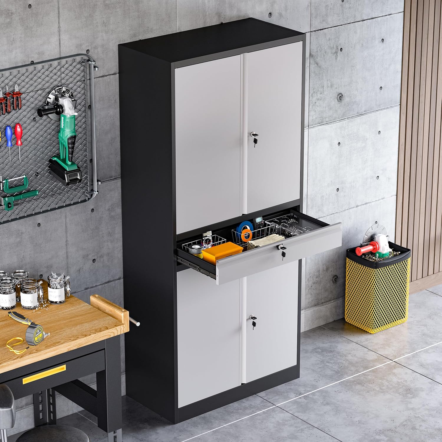 Garage Storage Cabinet, Heavy Duty Metal Tool Cabinet with 1 Drawer, 71'' Tall Storage Cabinets with Doors and Shelves for Garage Home Office Utility Room, Black & Grey