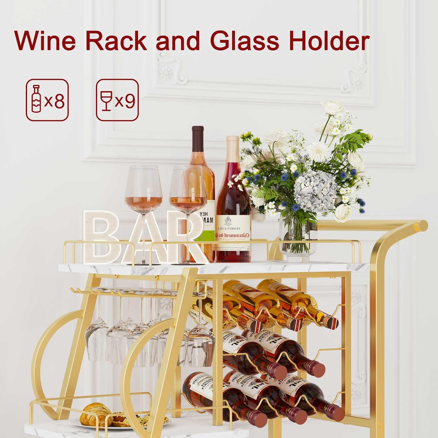 Industrial 3 Tier Mobile Gold Bar Cart with Wine Rack Freestanding Floor with Glass Holders and Hooks, Coffee Bar Cabinet with Storage with Wood and Metal Beverage Cart (Gold & Walnut Brown)