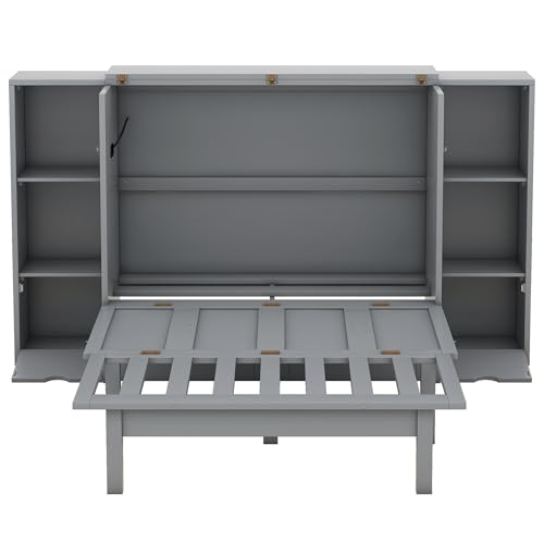 Full Size Murphy Wall Bed With Storage and Bookcase Headboard, Solid Wood Cabinets With Shelves, Drawers and USB Ports, Multi-Function Platform for Home Office, Guest Room - White