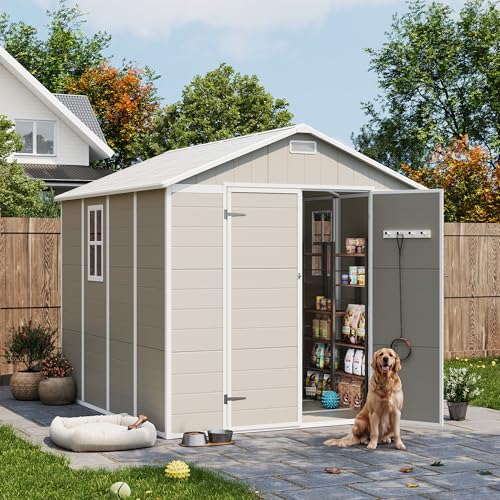 UDPATIO Outdoor Storage Shed 6 x 6 FT, Resin Garden Sheds with Floor Plastic Patio Outdoor Storage Shed with Lockable Door for Tool, Bike, Garbage Gray White