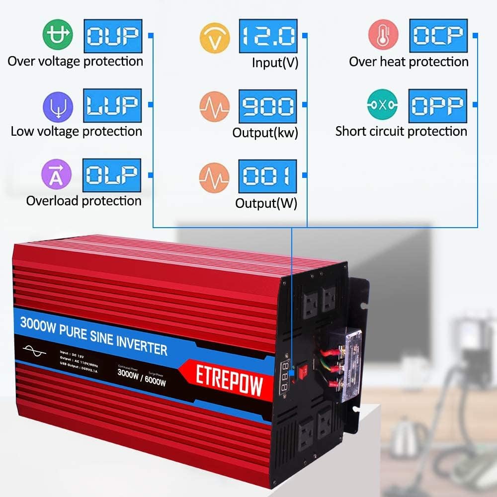 ETREPOW 3000 Watt/6000 Watt Pure Sine Wave Power Inverter 12V DC to 110V /120V AC Power Converter Wireless Remote Control-Off-Grid Inverter for Outdoor ,Home,Camping, RV,Truck,Car