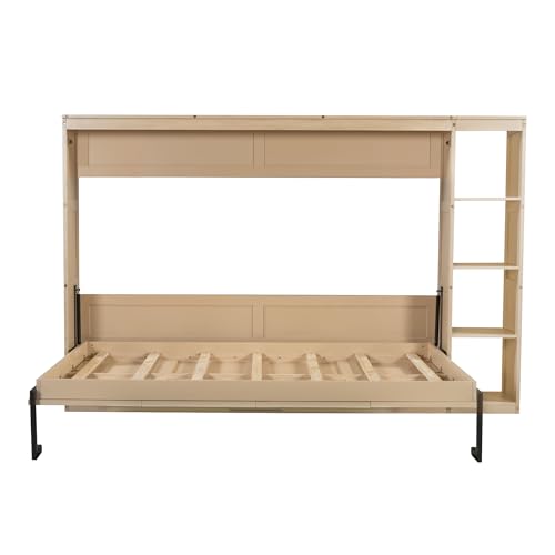 Full Size Horizontal Murphy Bed with Shelves, Full Murphy Bed with Side Bookcase, can be Folded into a Cabinet, Hideaway Wall Bed Space-Saving for Guest Room Bedroom Office, Natural