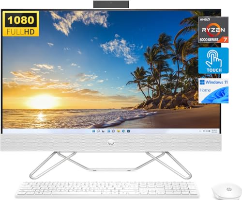 HP 27-inch Touch FHD All-in-One Desktop, AMD Ryzen 7 5700U, 32GB RAM, 1TB SSD, 1080P Webcam, Wireless Keyboard & Mouse Combo, WiFi, Windows 11 Home