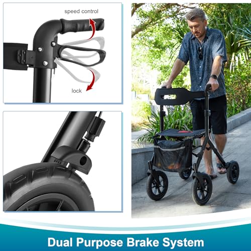 Rollator Walker with Seat, Tall Walkers for Seniors, 12" Big Rubber Wheels All Terrain Rollator Walker with Backrest, Built-in Cable, Foldable and Dual Adjustable Height for 5.3-7ft, Red