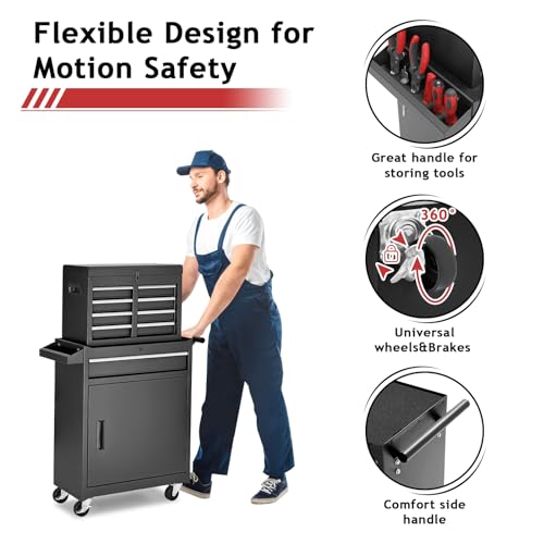 Tool Chest,5-Drawer Rolling Tool Storage Cabinet with Enhanced Packaging, Detachable Top Tool Box, Metal Tool Cart for Garage Workshop,Black, ATC001BK