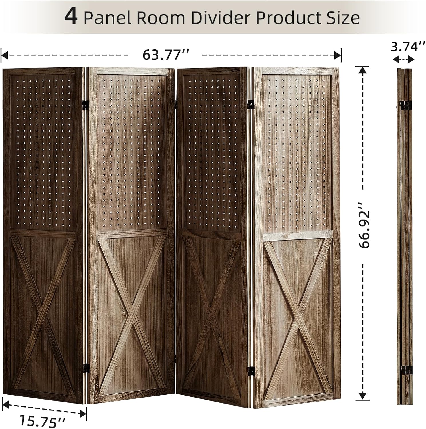 Pegboard Display Wood Room Divider 4 Panel, Folding Privacy Screens, Peg Board Room Divider, 5.6Ft Room Divider, Portable Pegboard Display Stand Organizer for Art, Jewelry, Craft Shows (Brown)