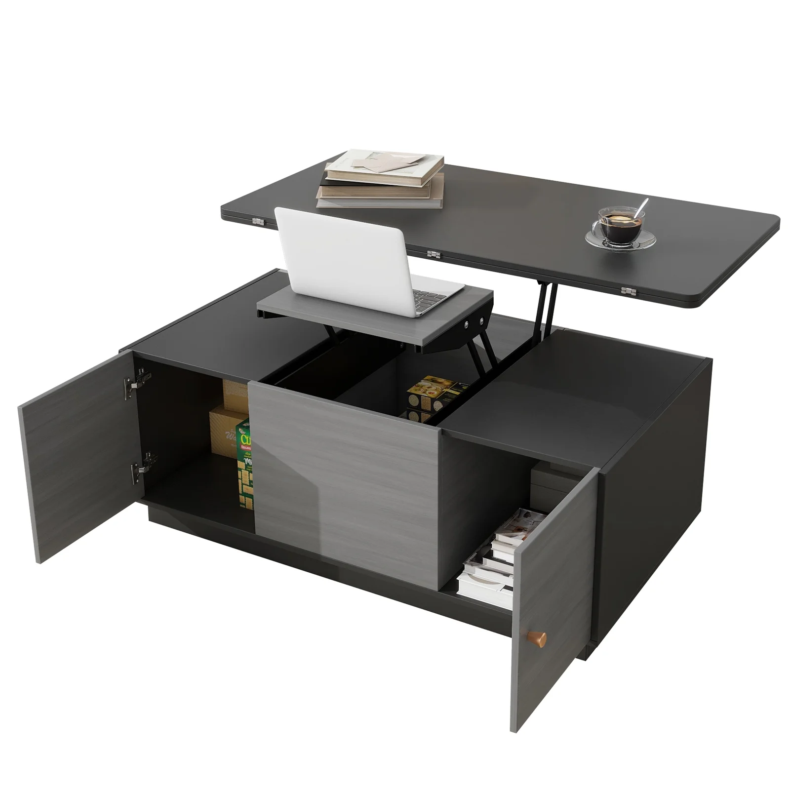 YISUYA Modern Multifunctional Coffee Table, Rectangle Lift-top Coffee Table, Gray Multi-Functional End Table with 2 Storage Cabinets and Hidden Storage, Can be Used as A Dining Table or Workspace