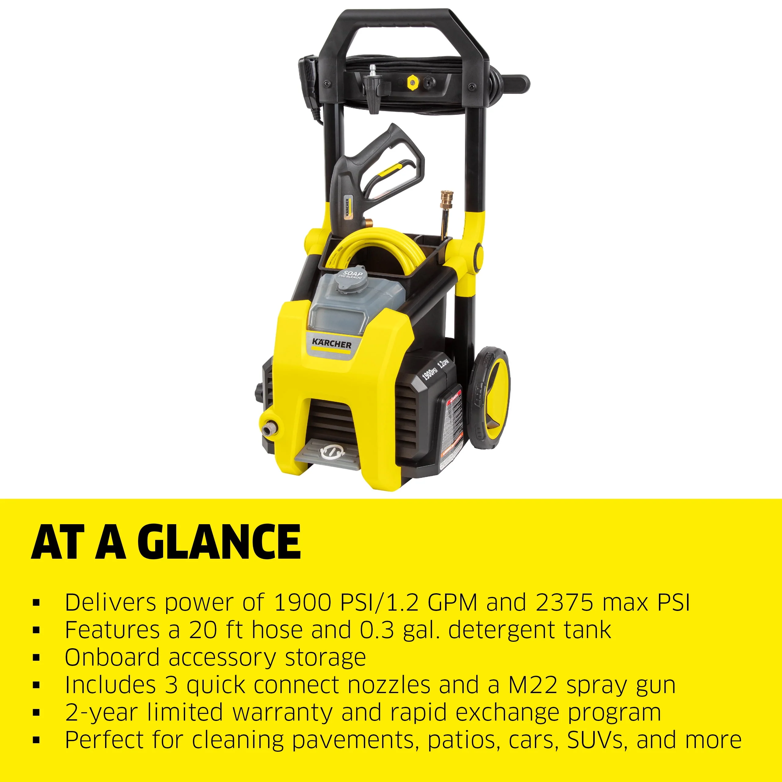 Karcher K1900PS 2375 Max PSI Electric Pressure Washer with 3 Nozzles and Hose, 1.2 GPM, Power Washer