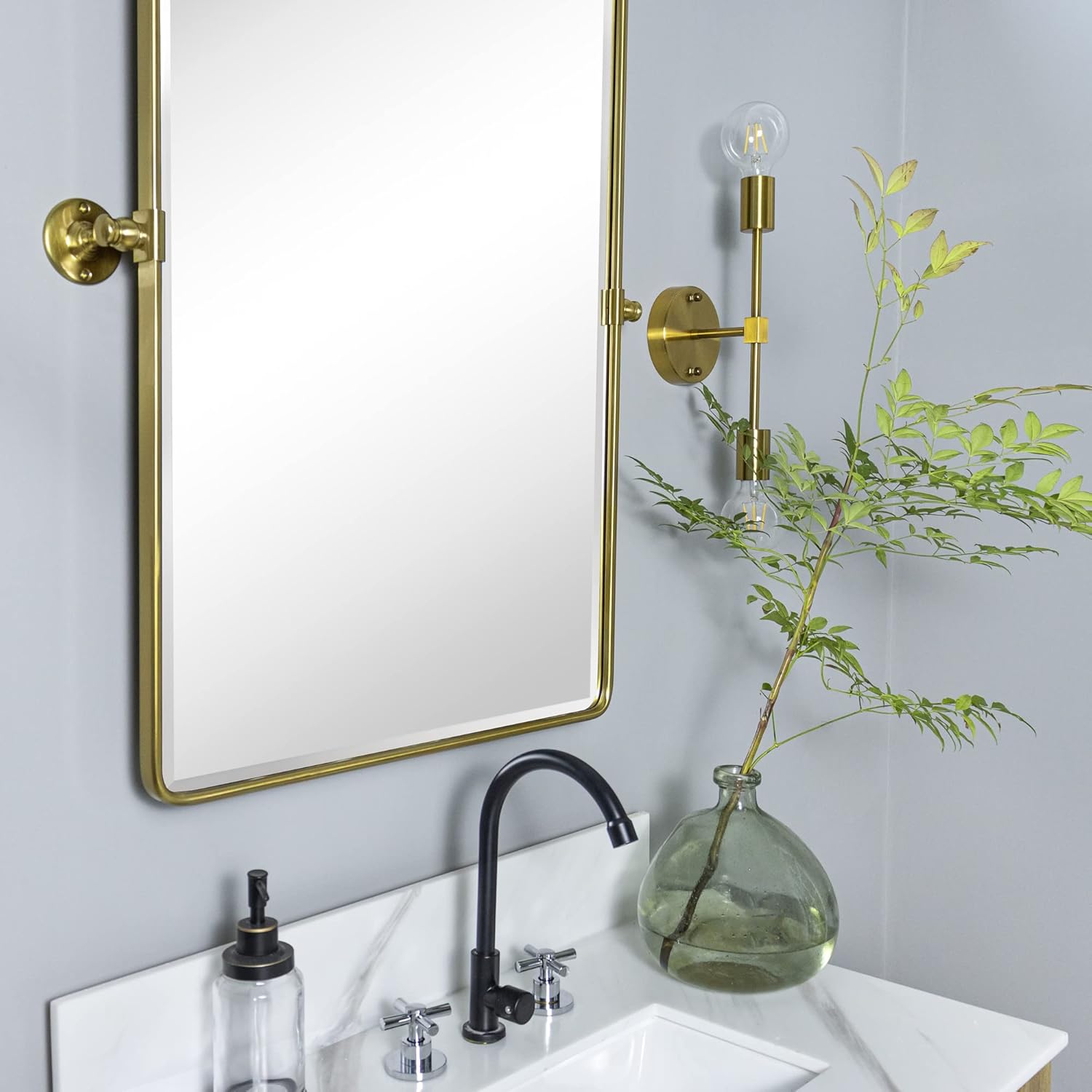 TEHOME 27 x 35'' Gold Pivot Mirror Brushed Champagne Gold Tilt Rectangle Bathroom Mirror Tilting Beveled Vanity Mirrors for Wall