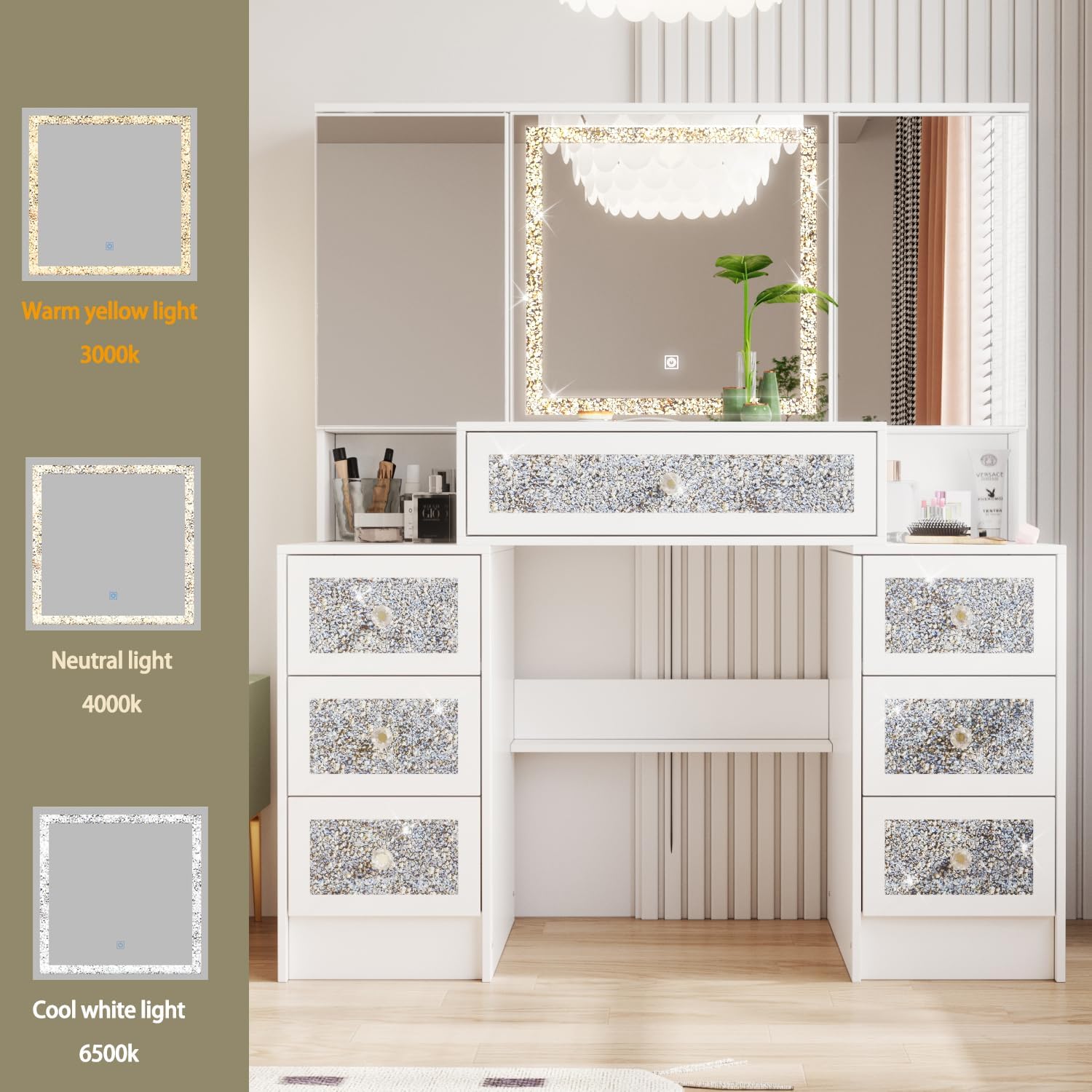 Homsee 43.3" W Luxury Makeup Vanity Desk with Lighted Mirror and Crushed Diamond Trim, Makeup Dressing Table with Storage Shelves and Adjustable Side Mirrors for Bedroom, White