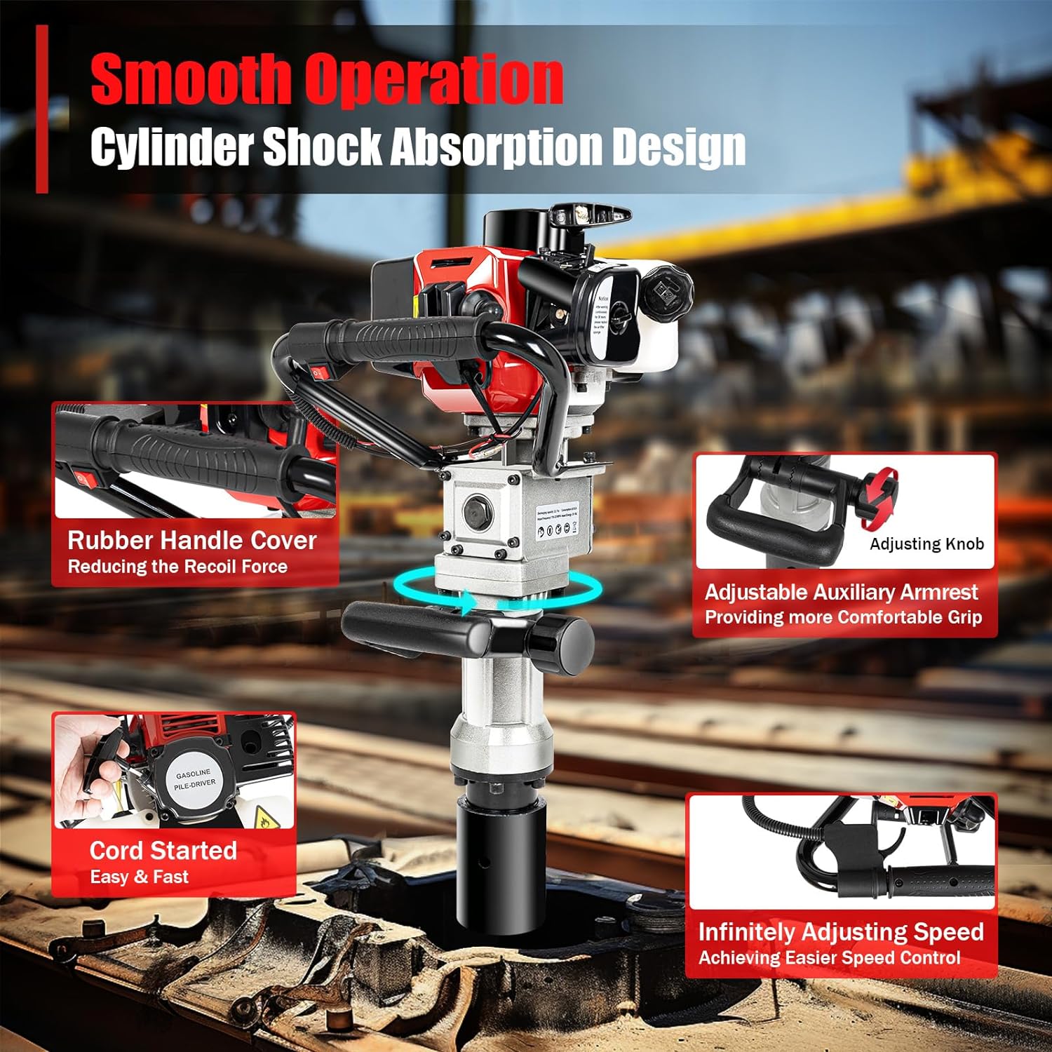 32.7CC T-Post Driver, 2-Stroke Gas Powered Farm Piling Driver, 900W Gas Powered Maximum Rotational Speed is 8500r/min, Push Pile Digger for Fence Piling Agriculture