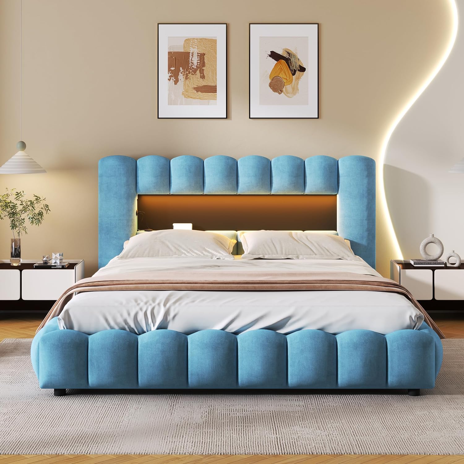 Quee Size Bed With Storage Udereath, Lift Up Storage Bed Frame With LED Headboard Ad USB, Upholstered Platform Bed, Mattress Foudatio, Wood Slat Support, o Box Sprig eeded, Lie Blue