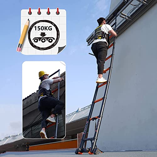 Mighty Folding Telescoping Ladder 12.5ft 15.5ft 20ft, Multi Purpose Extension Ladder with Hooks for Attic & Rooftop - Aluminium Retractable Ladder with Stabilizer Bar