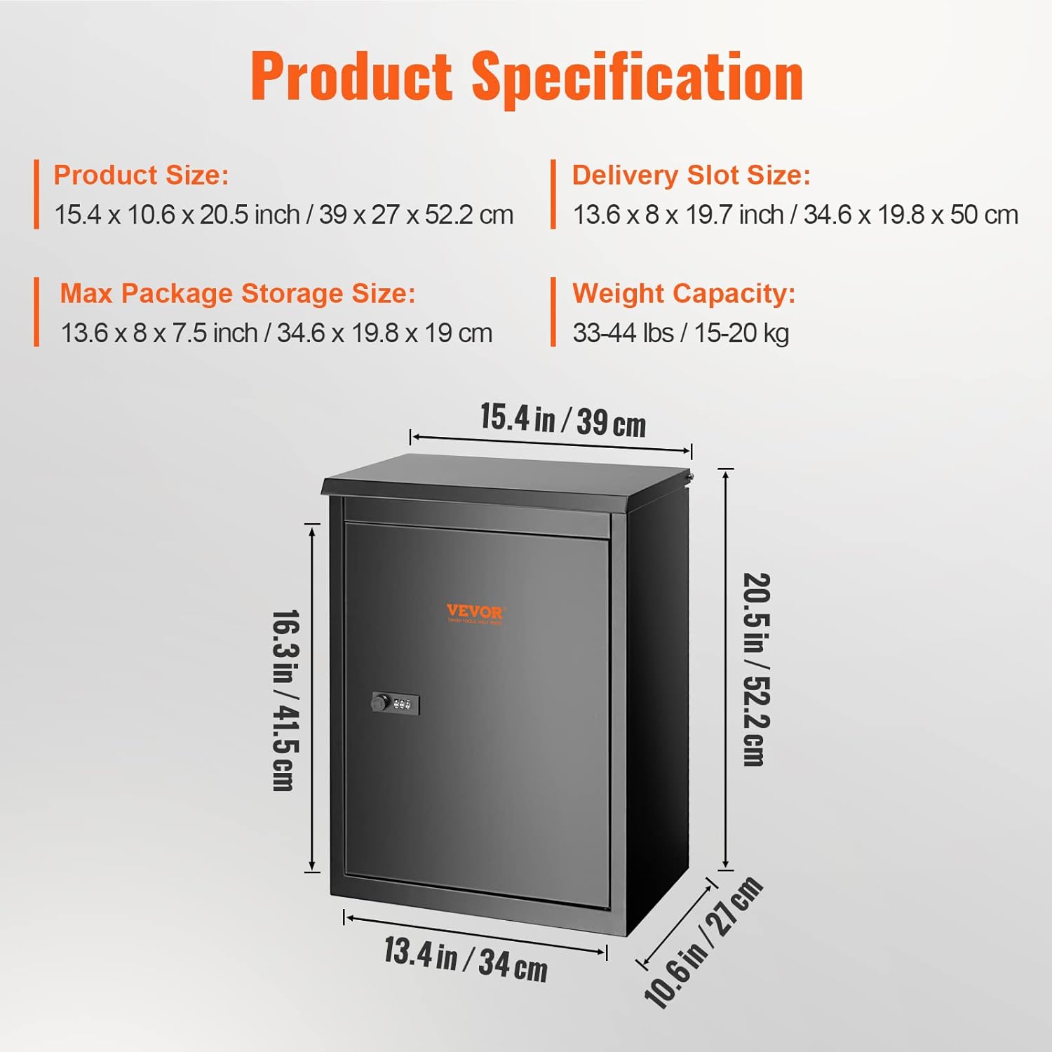 VEVOR Package Delivery Boxes for Outside 15.4" x 10.6" x 20.5", Galvanized Steel Wall Mount Mailbox with Coded Lock, Anti-Theft Baffle, IPX3 Waterproof Lockable Large Mail Box for Porch, Curbside