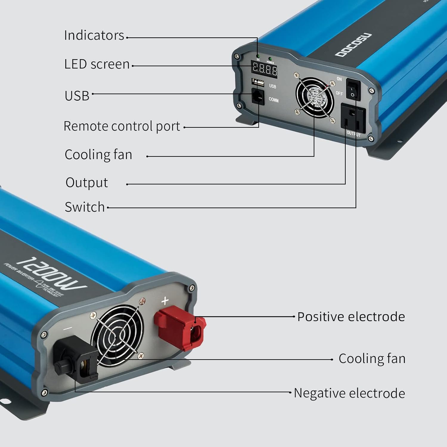DOCOSU 1200W Power Inverter Pure Sine Wave 1200Watt Power Converter DC 12V to AC 110V Inverter Charger with LED Display 2.4A USB Port AC Outlet for Car Emergency RV Boat Vehicle Marine Auto
