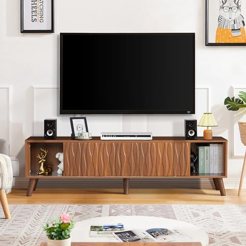 Led TV Stand and Coffee Table Set, Mid Century Modern TV Stand 65 inch TV Table Stand with Sliding Doors, Coffee Table with Storage, Marble Grain Wood Smart Large Living Room Table (Black)