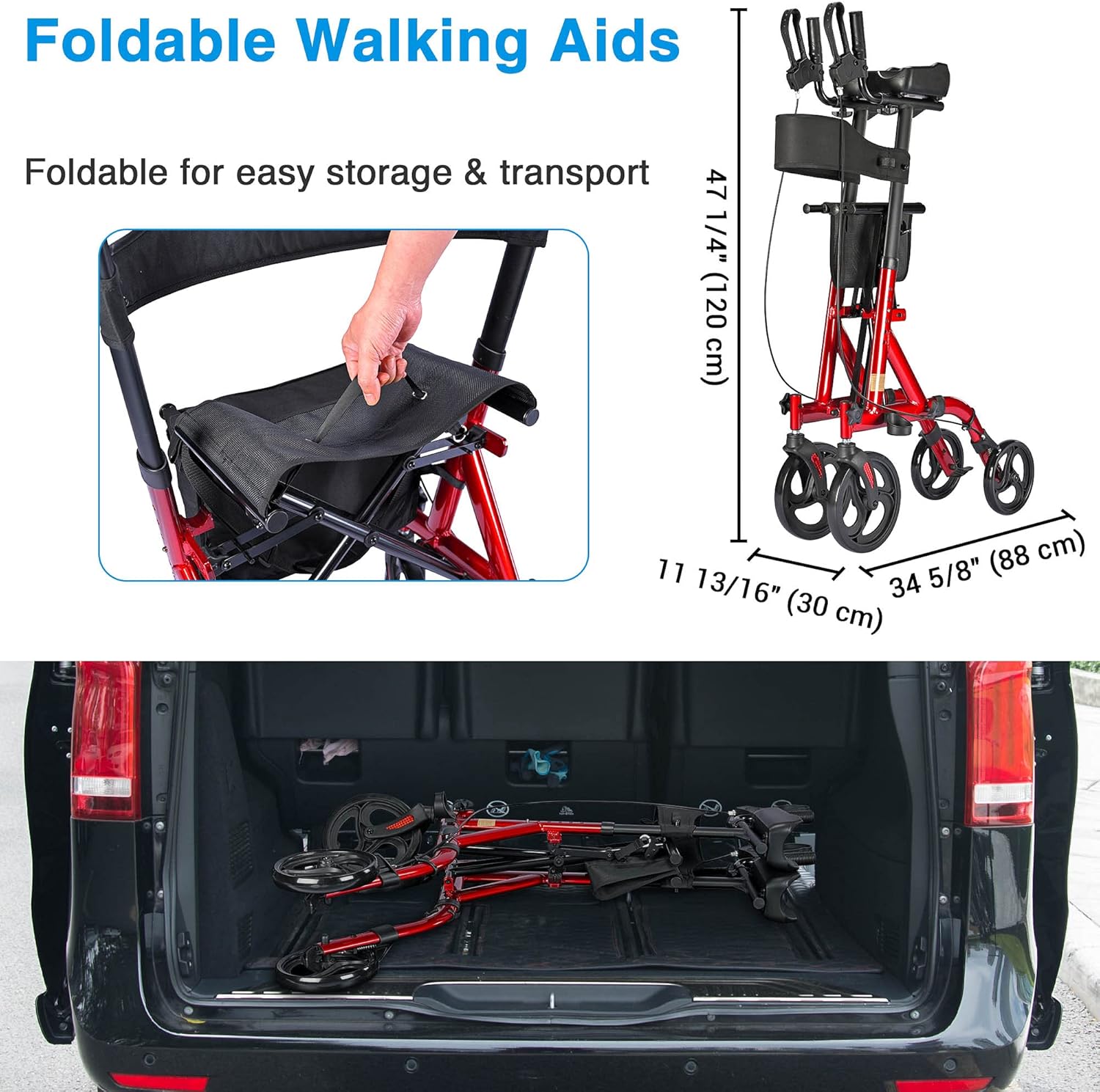 AW Stand Up Folding Rollator Upright Rollator Walker Armrest Walker 300 Lbs 4 Wheels Seat Padded Lightweight