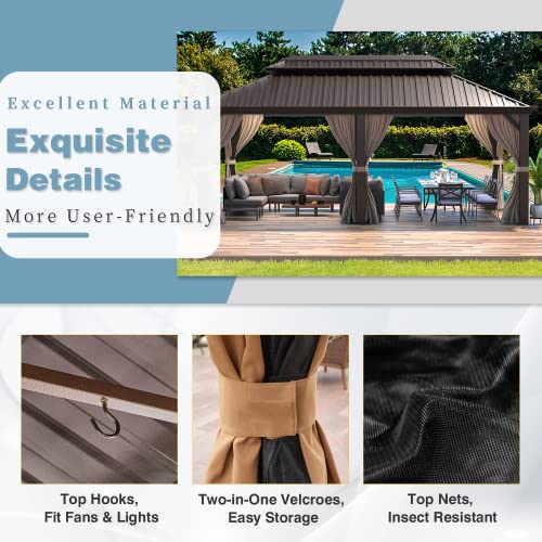 MELLCOM 12'x16' Hardtop Gazebo, Galvanized Steel Metal Double Roof Canopy with Curtains and Netting, Brown Permanent Pavilion Gazebos with Aluminum Frame for Garden, Patio, Lawns, Deck