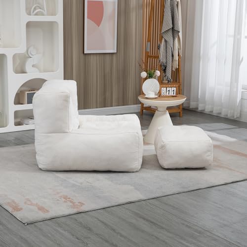 roomfitters Fluffy Bean Bag Chair - Comfortable Super Soft Lazy Sofa Chair with Memory Foam and Ottoman for Adults and Children - Modern Indoor Focus for Living Room, Bedroom, Apartment (Blue)
