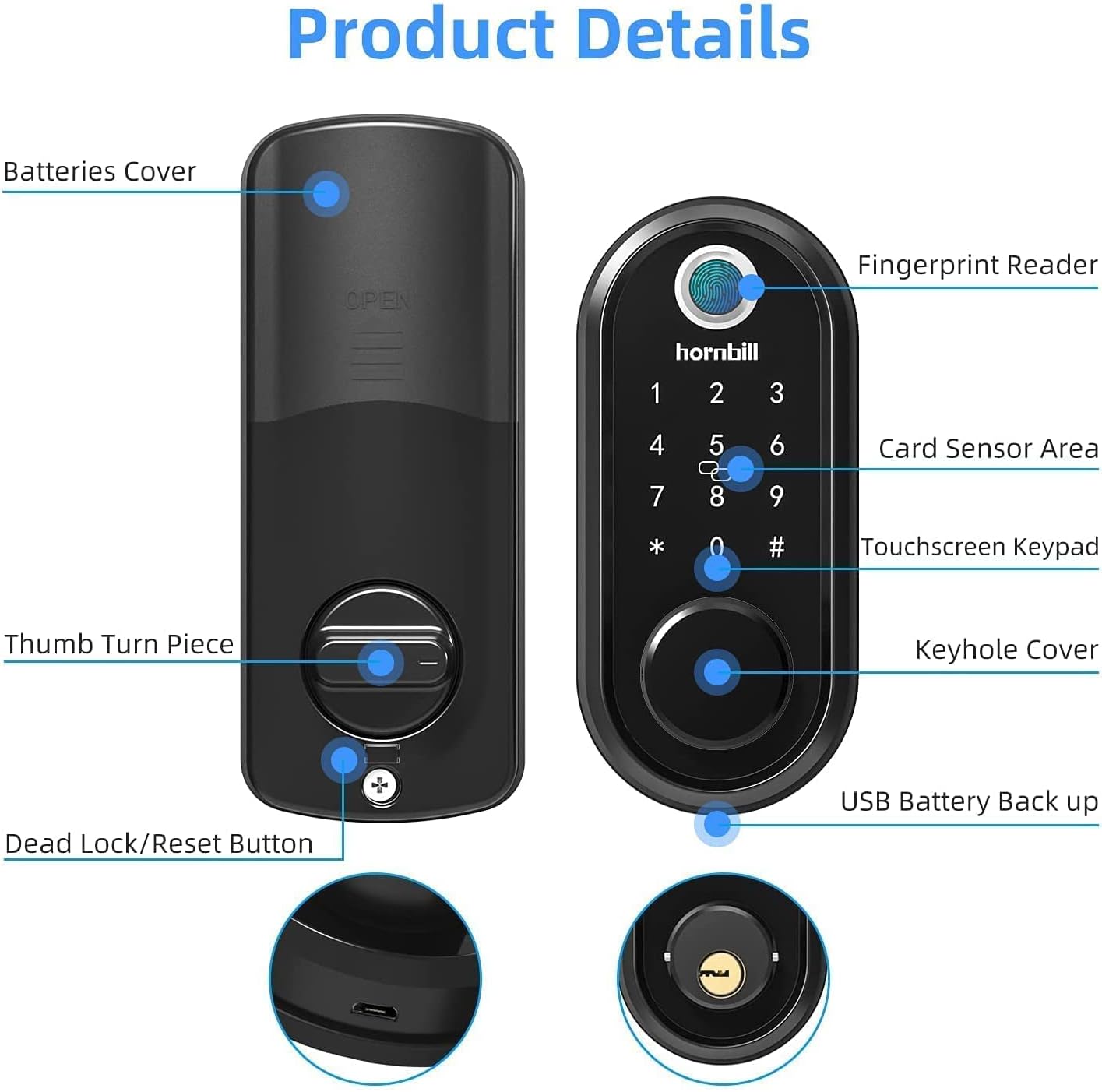 Smart Lock, hornbill 7-in-1 Fingerprint Door Lock, Keyless Entry Door Lock Smart Deadbolt with Touchscreen Keypad, Bluetooth Electronic Digital Lock with App Control for Home Hotel Office