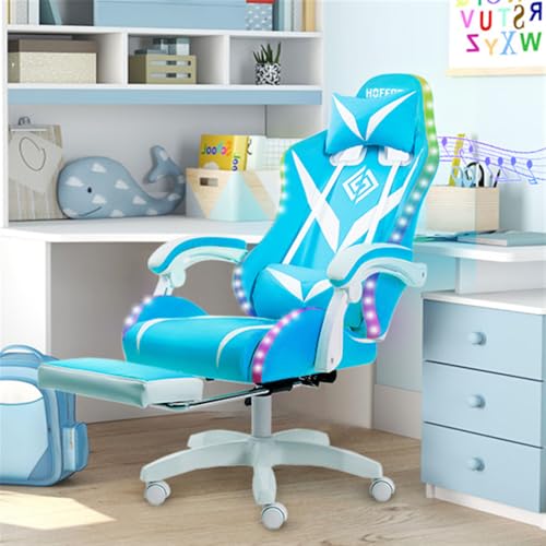 HOFFREE Gaming Chair Massage with Bluetooth Speakers and Led Lights Ergonomic Computer Gaming Chair with Footrest RGB Video Game Chair with High Back Lumbar Support Blue and Black