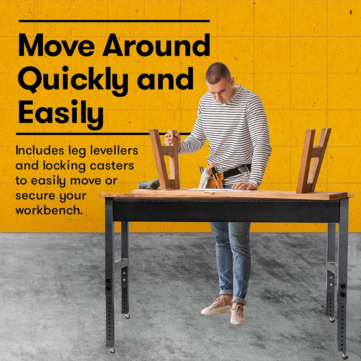 Fedmax Work Bench - 61-inch x 28 to 44-inch Acacia Wood Garage Work Table with Caster Wheels and Adjustable Height Legs - Tool Benches for Home Improvement