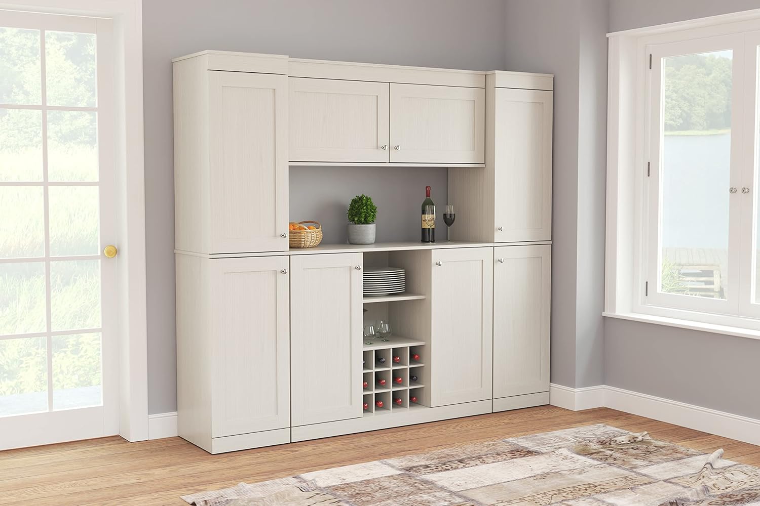 Inval Shaker Style 4-Piece Buffet Storage System with 2 Tall/Slim Cabinets, Washed Oak