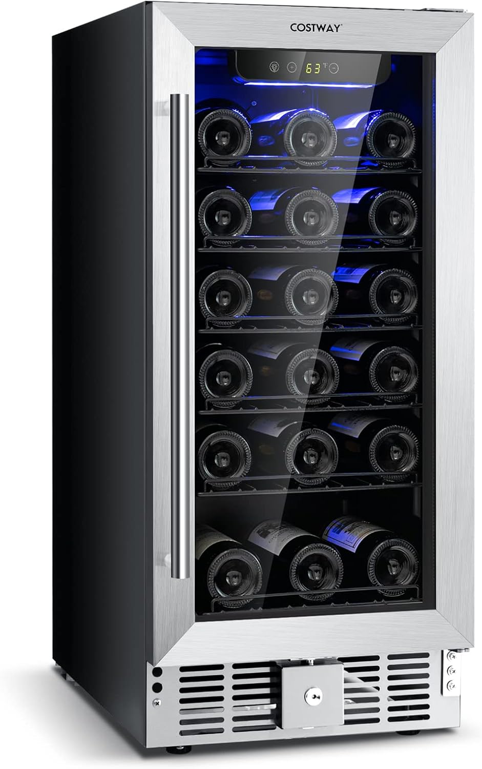 COSTWAY 15 Inch Wine Cooler Refrigerator, 30 Bottles Stainless Steel Wine Cellar with Lock, Tempered Glass Door, Built-in & Freestanding Compressor Mini Wine Fridge for Home Bar Office