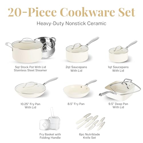 Gotham Steel 20 Pc Pots and Pans Set Non Stick Cookware Set, Pot and Pan Set, Kitchen Cookware Sets, Non Toxic Ceramic Cookware Set, Nonstick Cookware Set, Lightweight, Dishwasher Safe, Cream White…