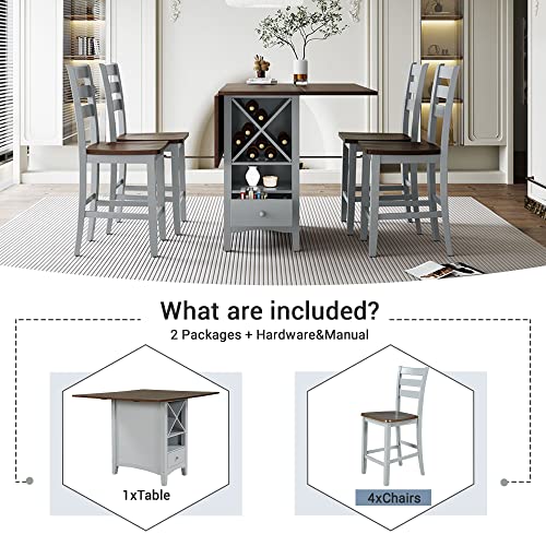 Counter Height Wood 5-Piece Dining Table Set with Drop Leaf, Space-Saving Kitchen Table Set with Wine Rack and Drawers, Rectangular Dining Table & 4 Chairs, Cherry+Gray