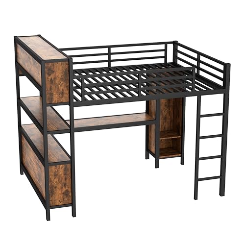 Linique Metal Loft Bed with Wardrobe & L-Shaped Desk - Sturdy Space-Saving Loft Bed Includes Storage Cubes, Shelves for Kids, Teens, Adults (White, Queen)