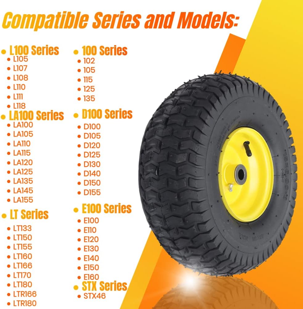 (2 Pack) AR-PRO Exact Replacement 15" x 6.00-6" Front Tire and Wheel Assemblies for John Deere Riding Mowers - Compatible with John Deere 100 and D100 Series - 3” Hub Offset and 3/4” Bushings Pack of 2