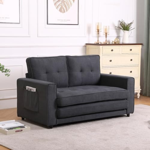 3-in-1 Upholstered Futon Sofa Convertible Floor Sofa Bed with Pull Out Sleeper Couch Bed - Foldable Tufted Loveseat Daybed for Living Room - Sofa Bed Couches for Living Room Furniture (Dark Gray)