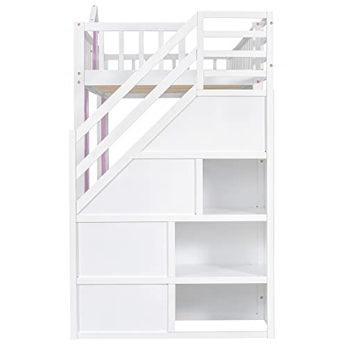 Twin Castle Style Bunk Bed with Slide, Twin-Over-Twin Bunk Bed with 2 Drawers and 3 Shelves, Storage Staircase, Save-Space Solid Wood Bunk Bed Frame for Teens (Pink-Twin-Castle Style)