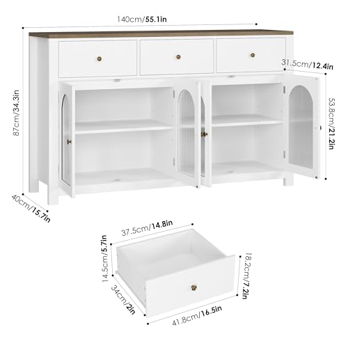 FINETONES Buffet Cabinet with Storage, 55.1" Large Sideboard Buffet Farmhouse Kitchen Cabinet with 3 Drawers and 4 Doors, Wood Coffee Bar for Kitchen, Black