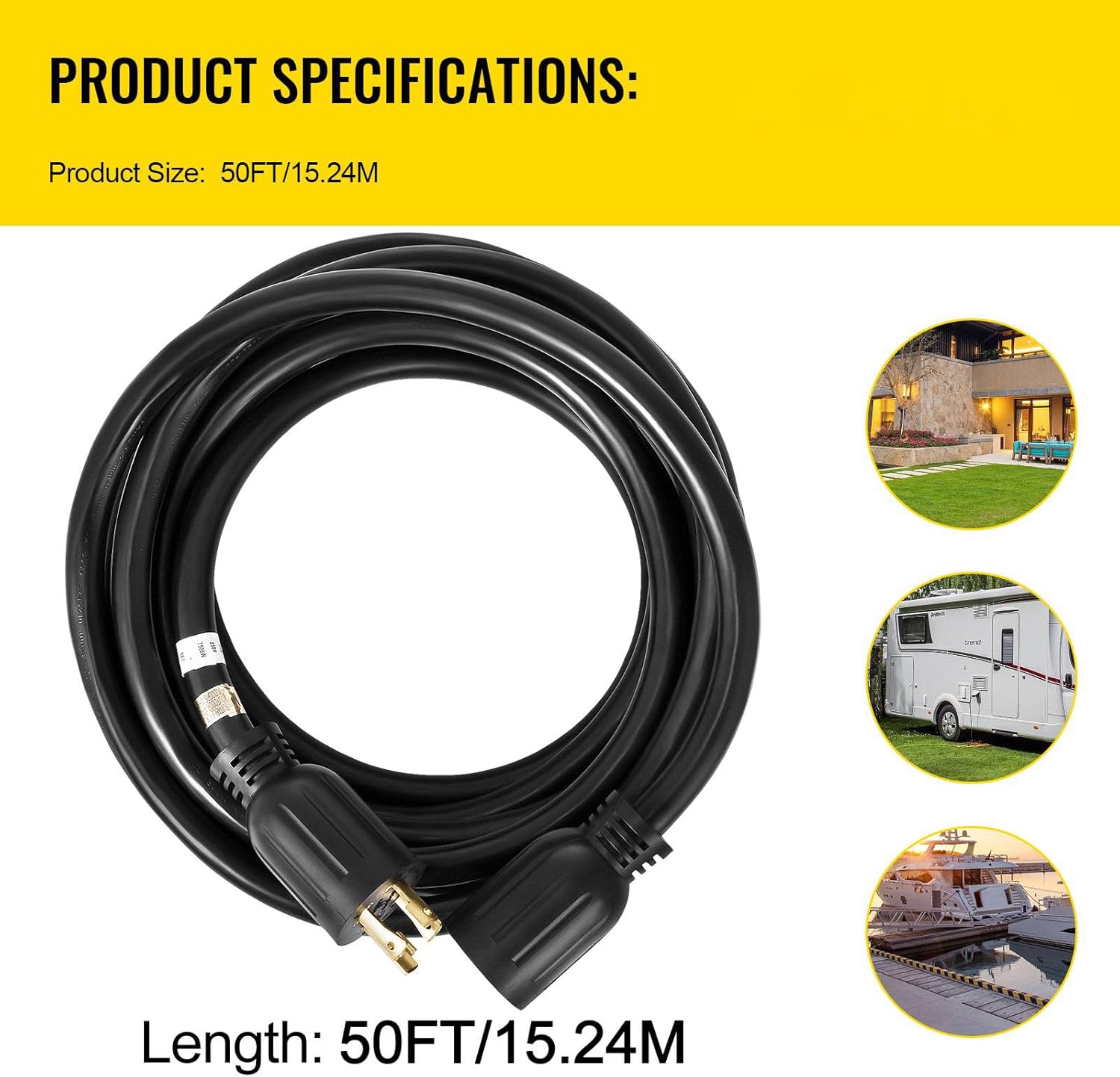 Generator Extension Cord 50Ft 30 Amp 4 Wire 10 Gauge 125V 250V Twist Lock Connectors - Ideal for Powering Generators