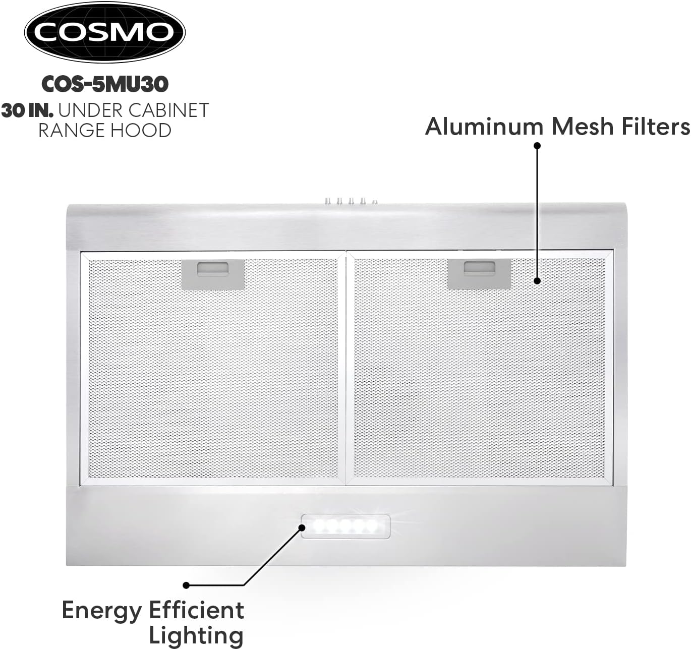 Cosmo COS-5MU36 36 in. Under Cabinet Range Hood Ductless Convertible Duct, Slim Kitchen Stove Vent with 3 Speed Exhaust Fan, Reusable Filter and LED Lights in Stainless Steel, 36 inch