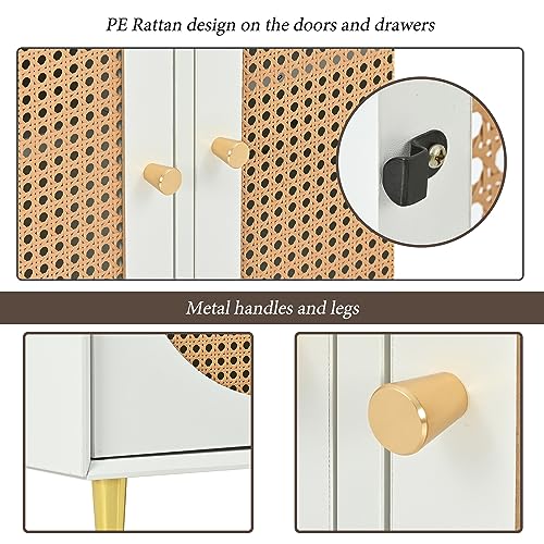 Rattan Buffet Sideboard Cabinet,4 Doors Storage Cabinet Console Table Decorative Cabinet with 4 Drawers, Adjustable Shelves for Kitchen Living Room Dining Room, White (White)