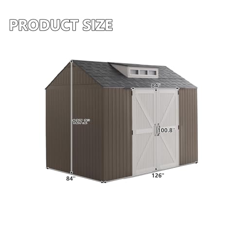 Large Resin Outdoor Storage Shed with Floor (7-10.5 Ft) - Weatherproof Double Wall Construction for Lawn Mowers, Garden Tools, Bike & Pool Supplies, Lockable (Brown, 7x7 FT)